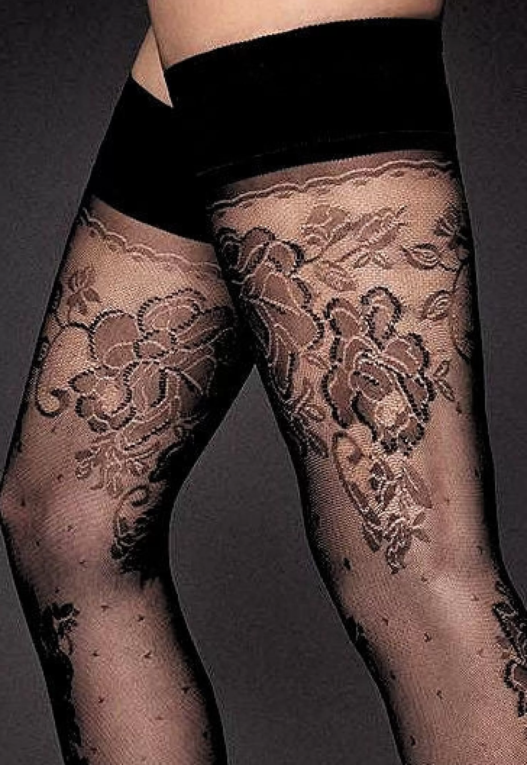 Patterned Hold-Ups | Veneziana Ar Clara Floral Lace & Micro Tulle Hold-Ups By Nero: Black