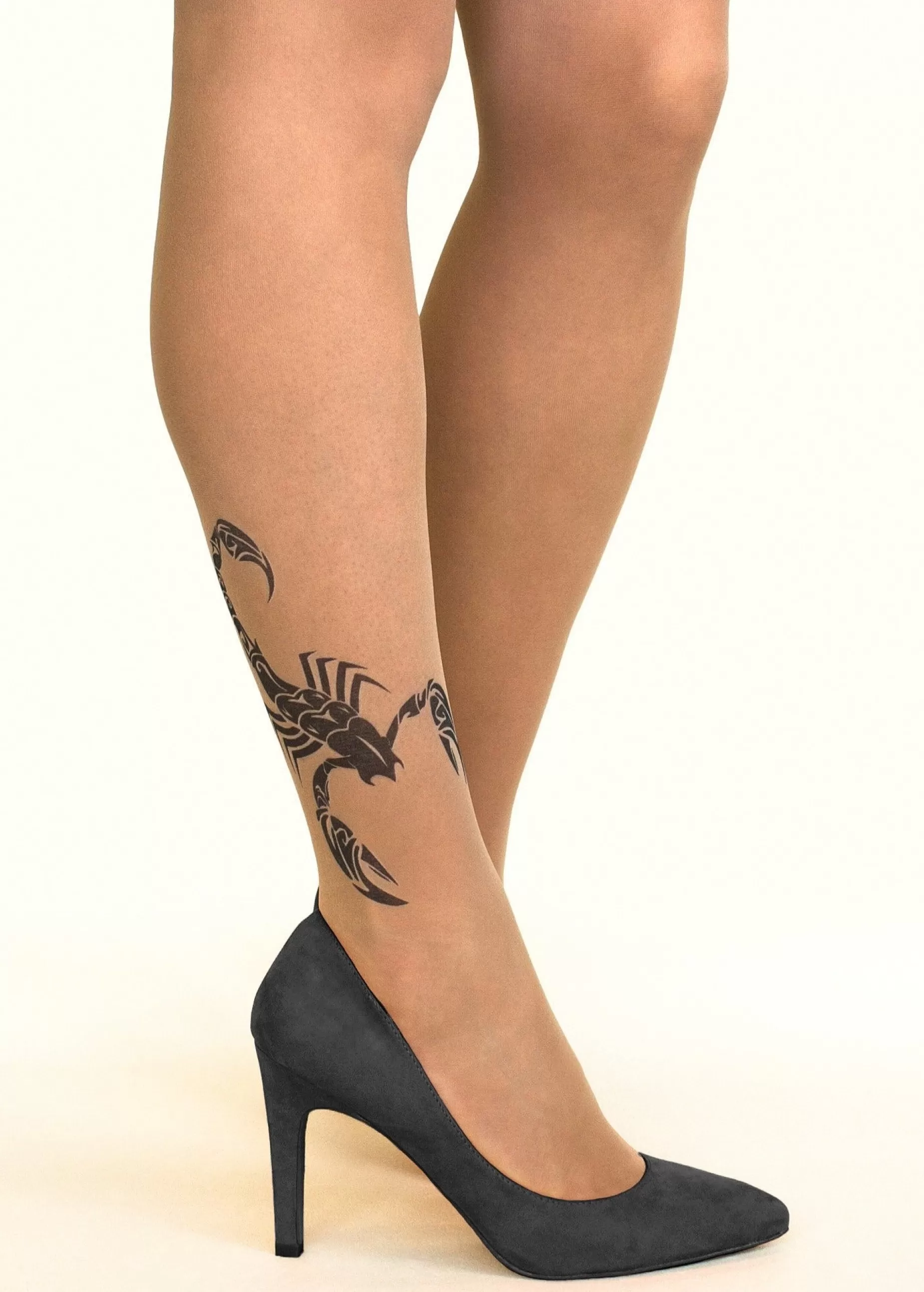 Tattoo Tights | Stop & Stare Black Scorpion Tattoo Tights By Sun: Medium Tan With Peachy Brown Tones For A Healthy Sun Tan Effect