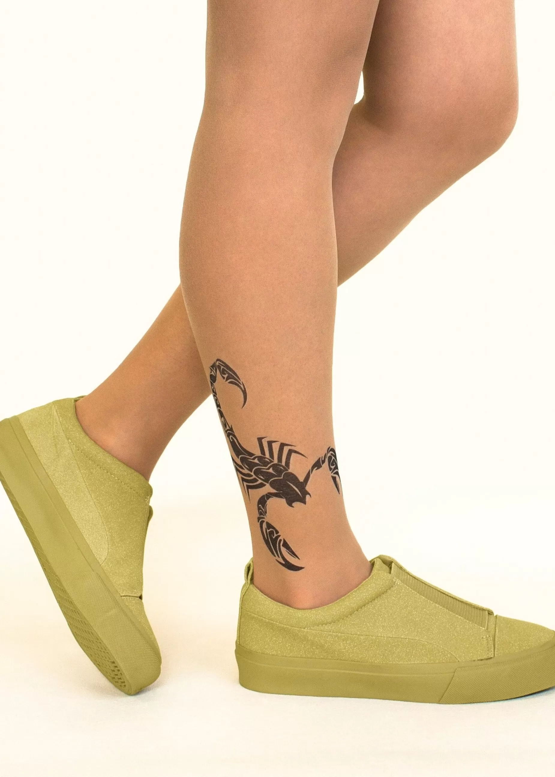 Tattoo Tights | Stop & Stare Black Scorpion Tattoo Tights By Sun: Medium Tan With Peachy Brown Tones For A Healthy Sun Tan Effect