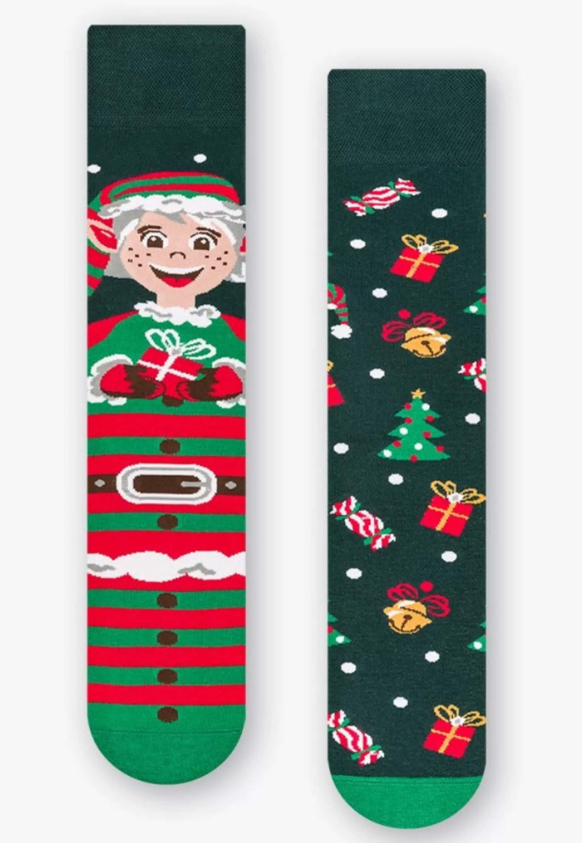Men's Socks | More Christmas Elf & Presents Odd Patterned Socks In By Dark Green