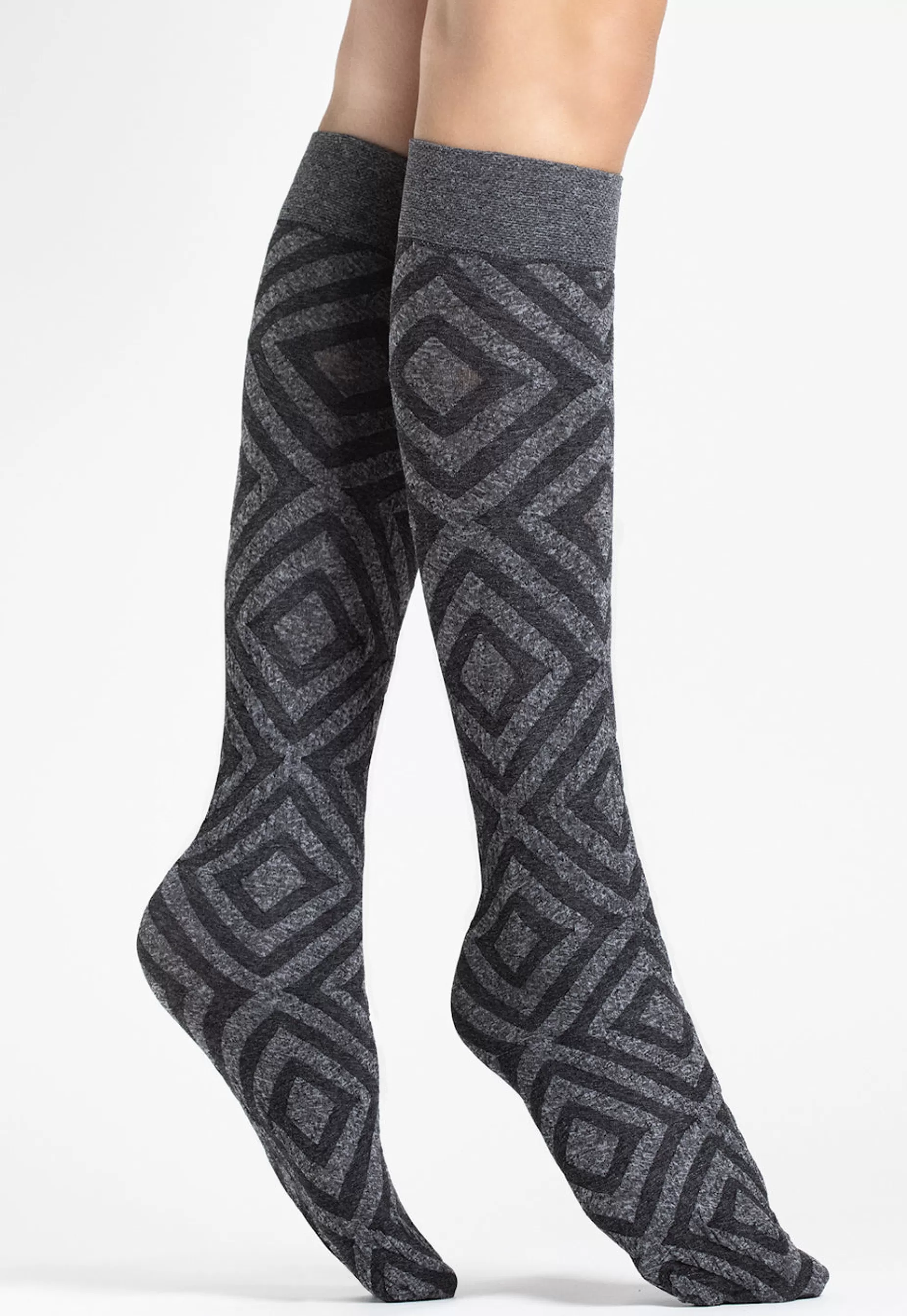 Knee-High Socks | Fiore Deva Diamond Patterned Marl Opaque Knee-High Socks By Melange: Dark Grey Marl