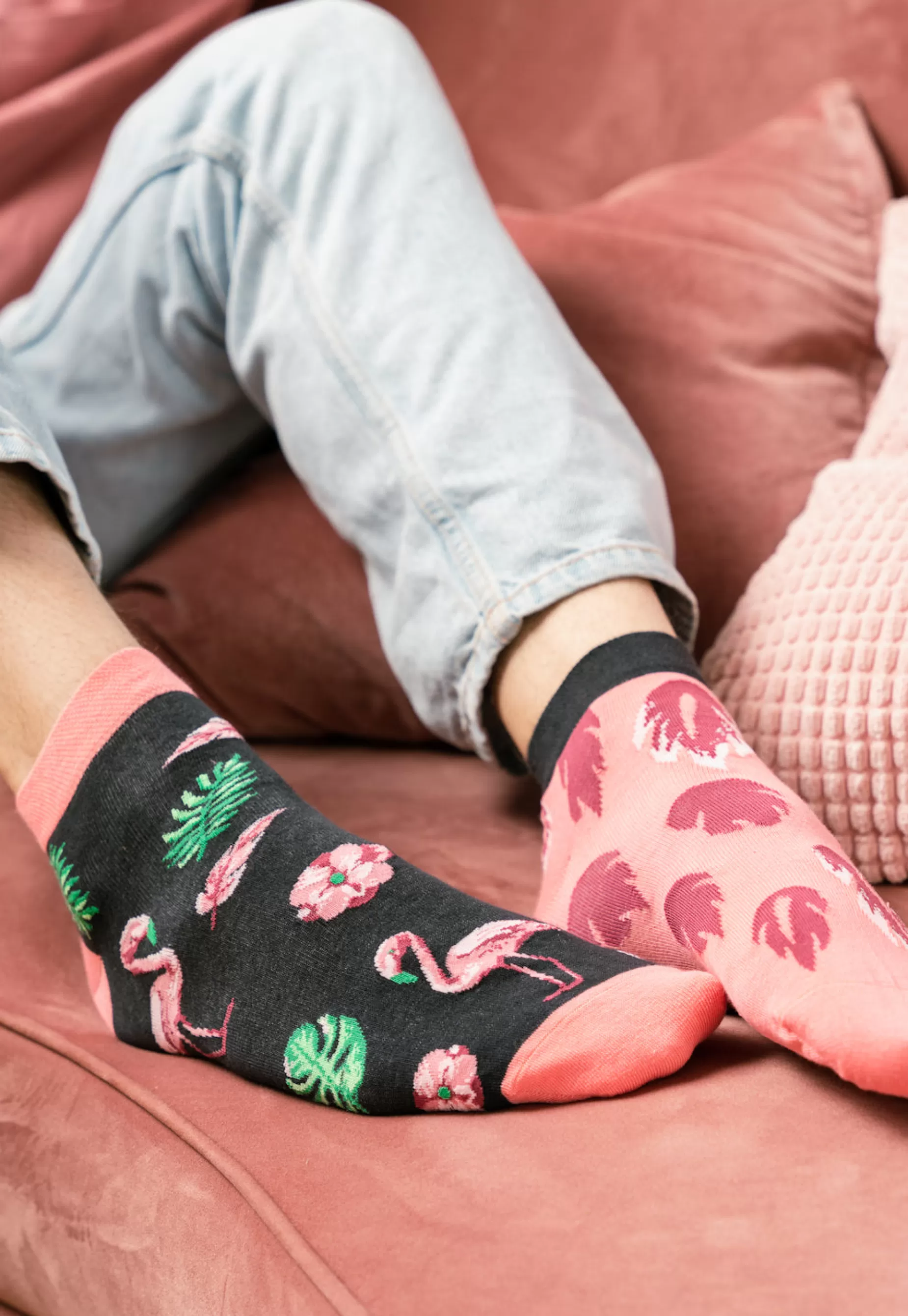 Cotton Socks | More Flamingo Feathers Odd Patterned Low Cut Socks In By Black