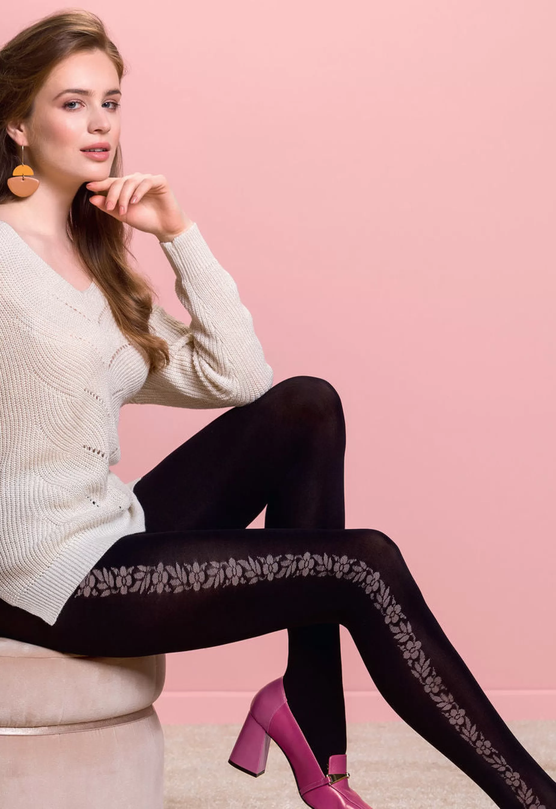 Thick Tights | Gabriella Iris Opaque Tights With Side Floral Design By Nero: Black